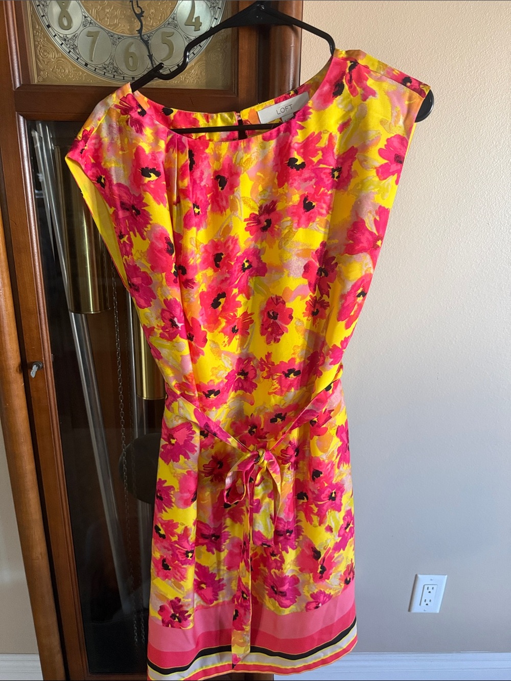LOFT Bright Yellow & Hot Pink Floral Tie-Waist Mini Dress